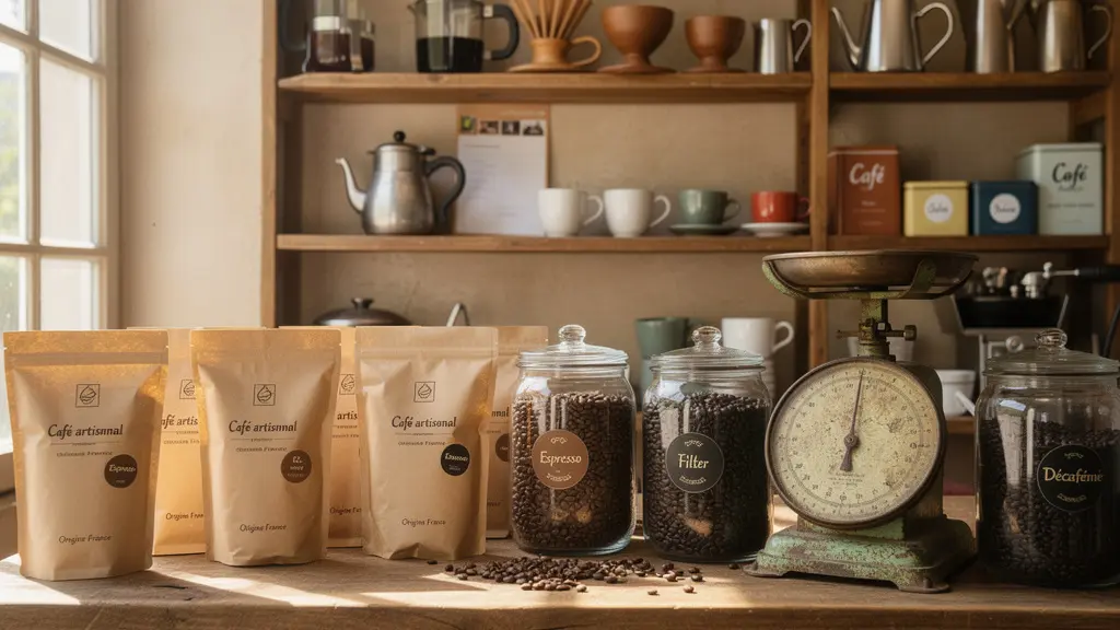 Comptoir de torréfacteur artisanal présentant différents conditionnements de café d'exception