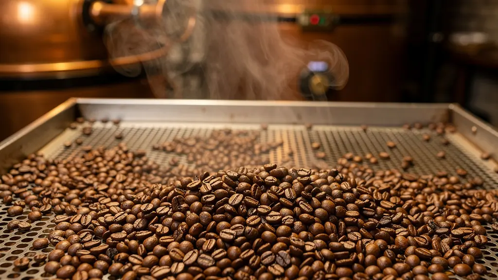 Grains de café fraîchement torréfiés refroidissant sur plateau métallique dans une brûlerie artisanale