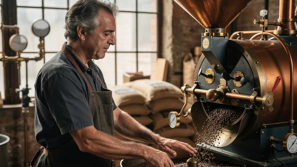 Torréfacteur artisanal surveillant la torréfaction de grains de café d'exception dans une brûlerie française